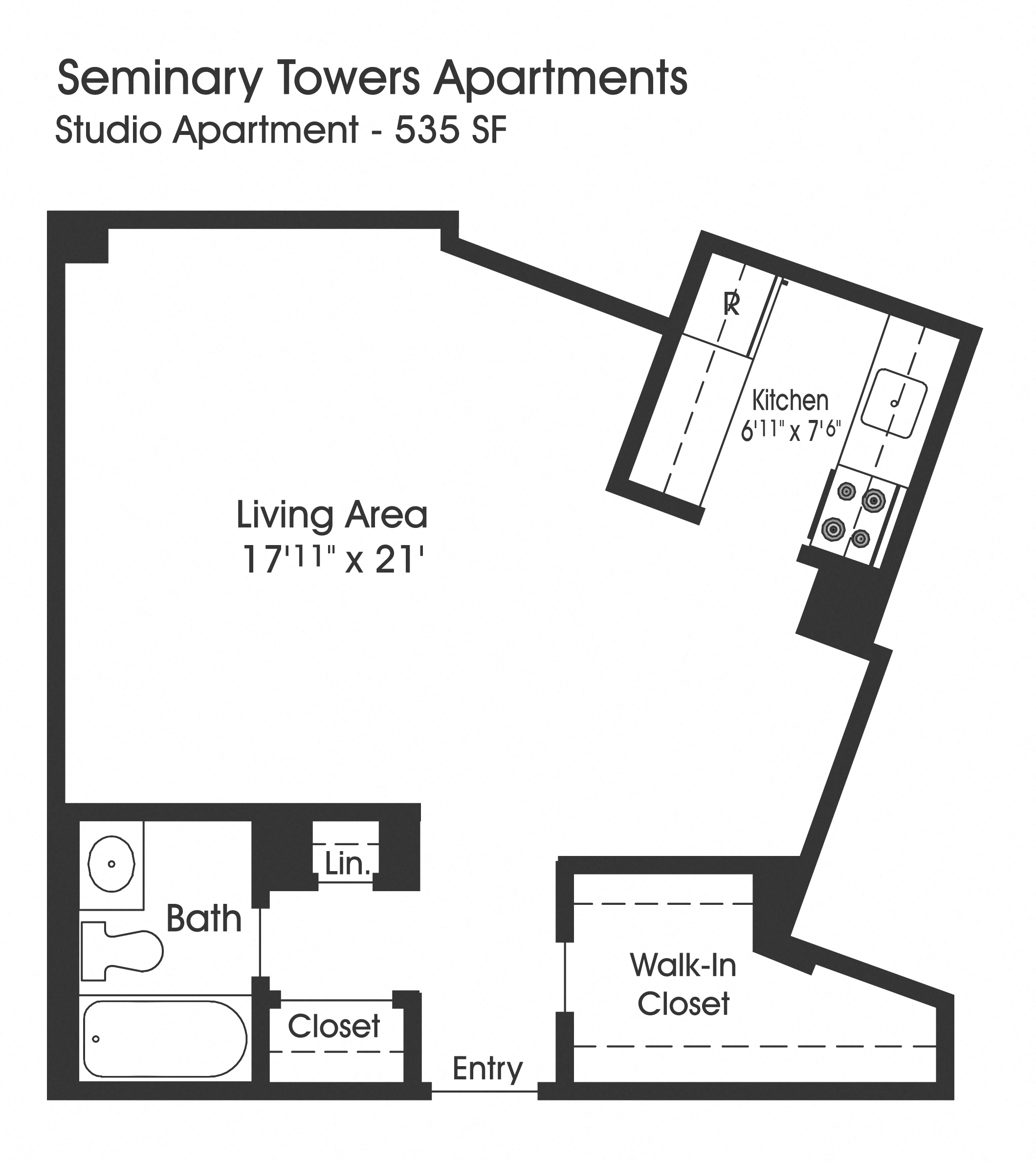 Floor plan for studio, 1 bath, 535 sqft